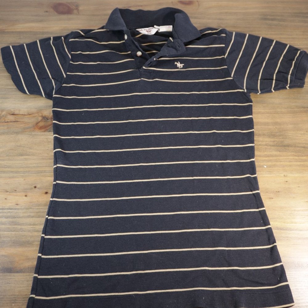 Club International Men's Small Short Sleeved Striped Polo Collared Blue Shirt